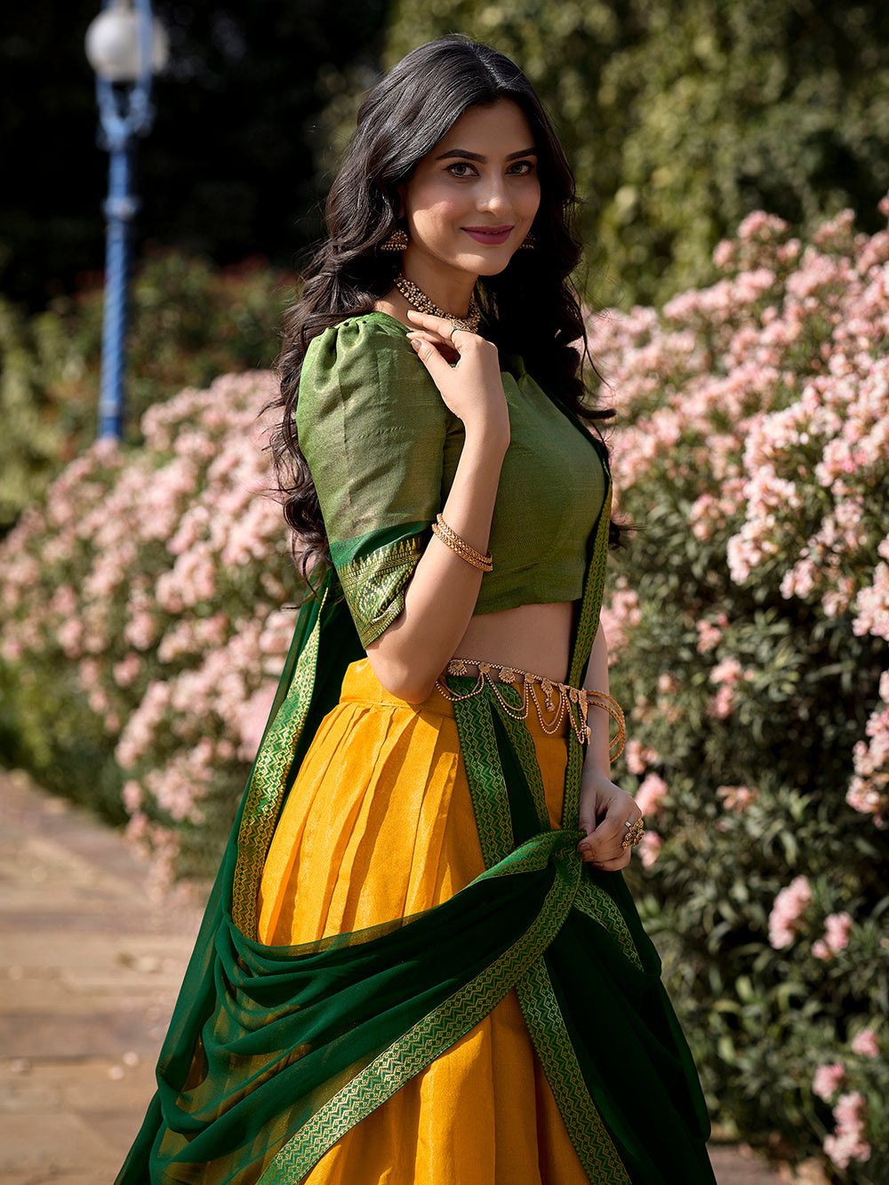 Yellow Color Zari Weaving Work Kanchipuram Haldi South Indian Half Saree Lehenga Set