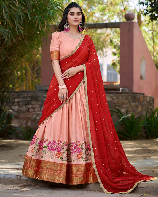 Cotton Silk Designer Peach South Indian Half Saree Lehenga