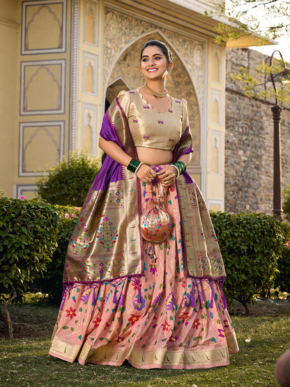 Peach Color Jacquard Silk (Paithani) Weaving Zari Work South Lehenga Choli