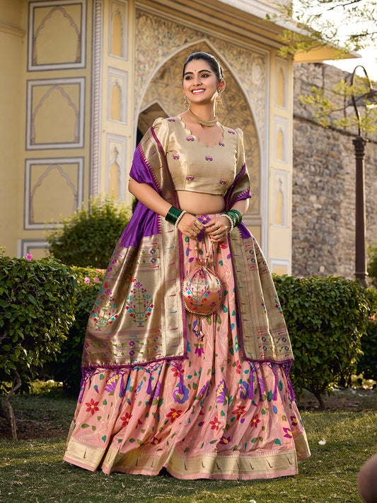 Peach Color Jacquard Silk (Paithani) Weaving Zari Work South Lehenga Choli