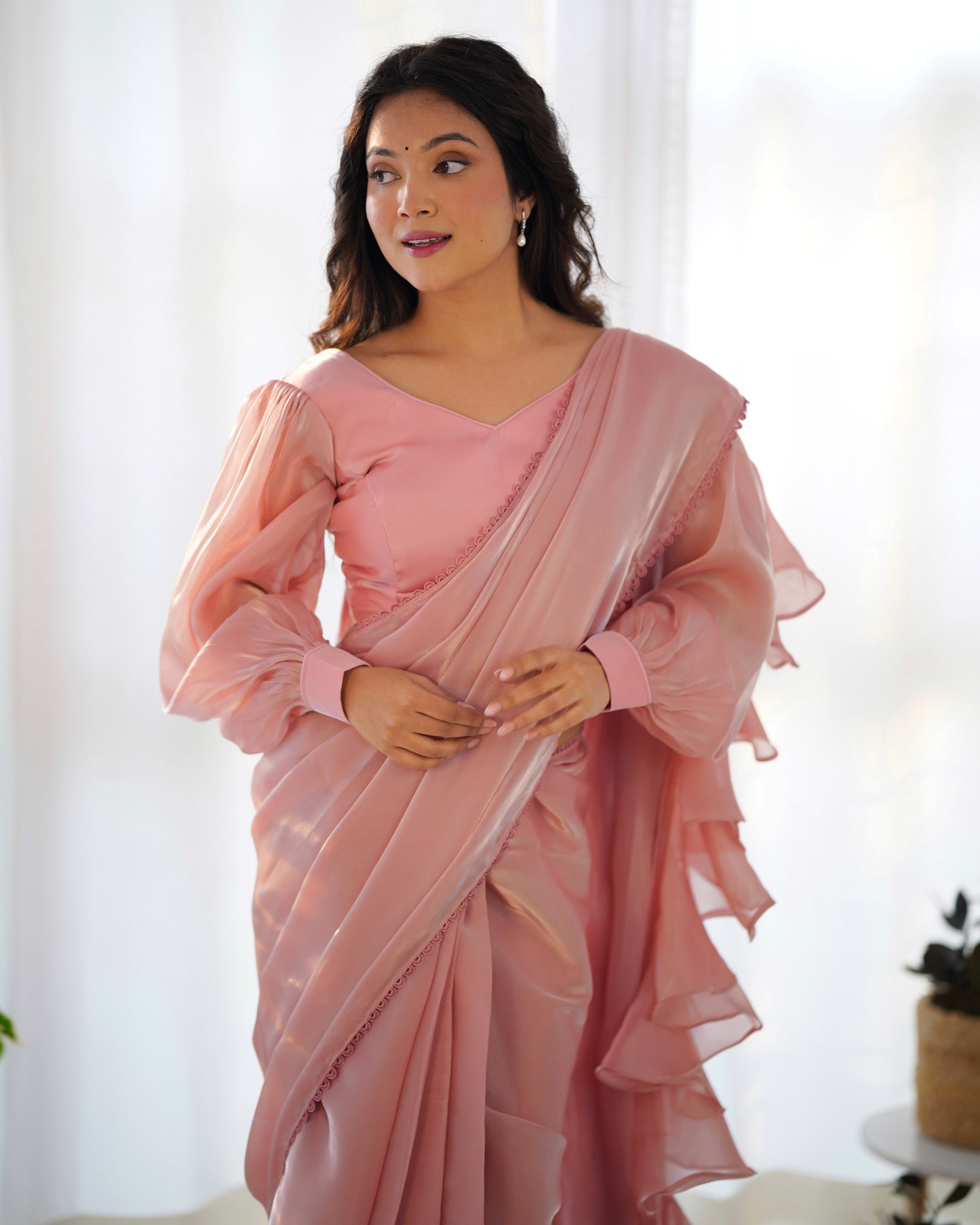 Peach Color Jimmy Choo Pre Draped Saree