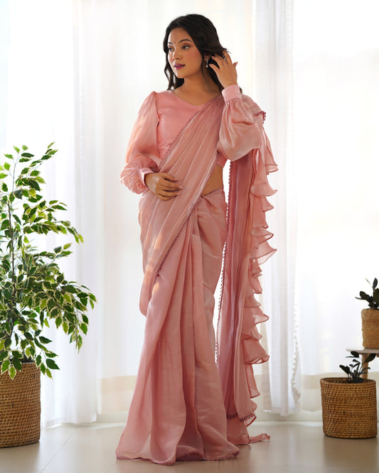 Peach Color Jimmy Choo Pre Draped Saree
