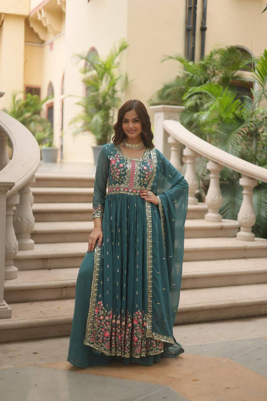 Designer Rama Color Three Piece Long Kurta With Palazzo Suit Set