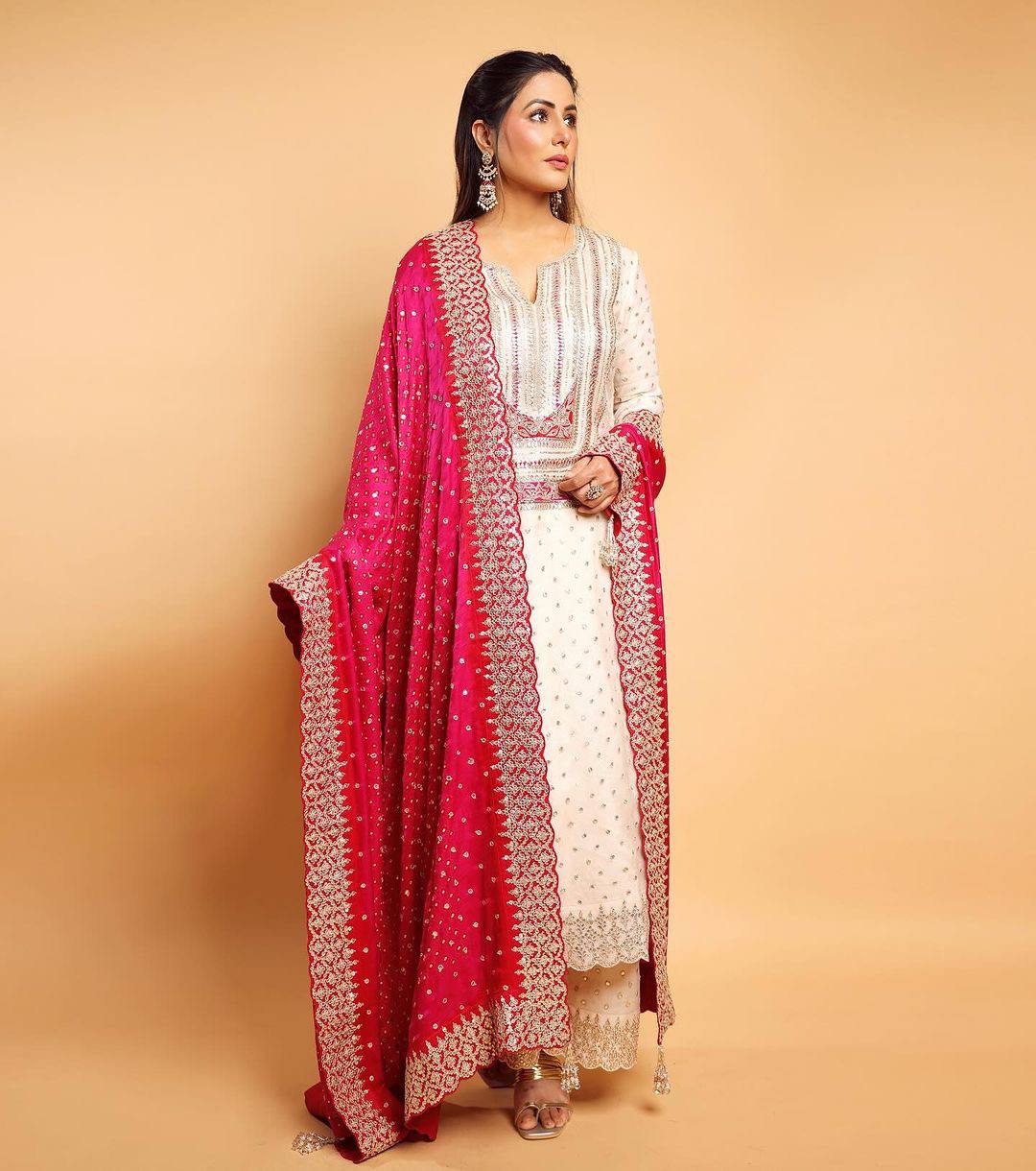 Party Wear Hina Khan Wear White Color Palazzo Suit