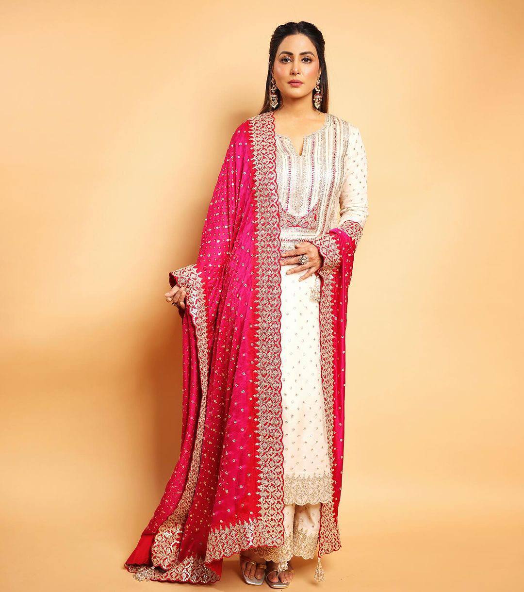 Party Wear Hina Khan Wear White Color Palazzo Suit