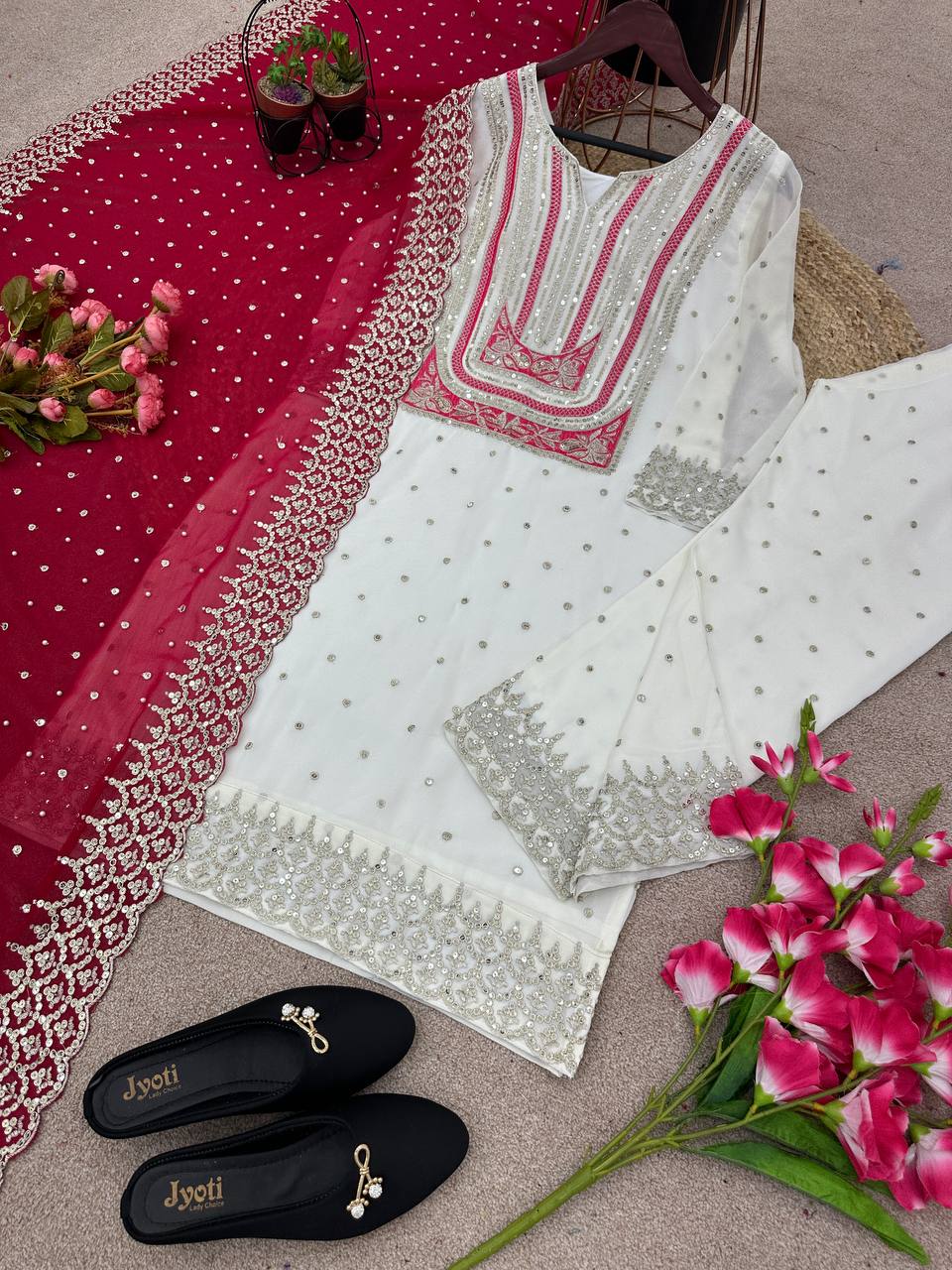 Party Wear Hina Khan Wear White Color Palazzo Suit
