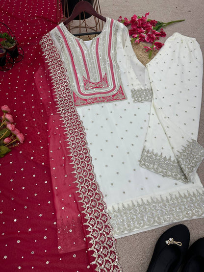 Party Wear Hina Khan Wear White Color Palazzo Suit