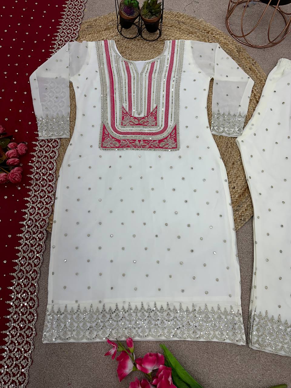 Party Wear Hina Khan Wear White Color Palazzo Suit