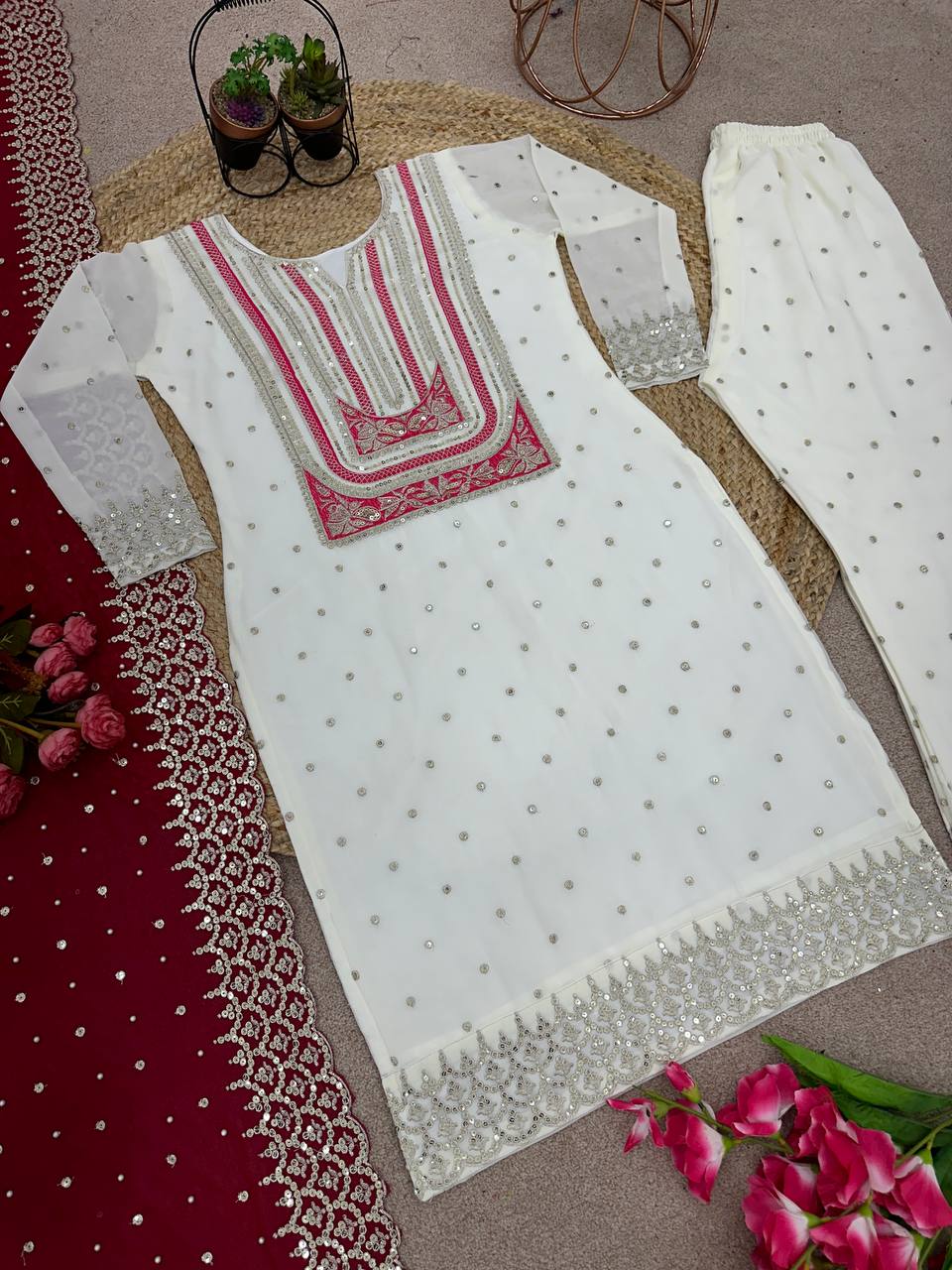 Party Wear Hina Khan Wear White Color Palazzo Suit