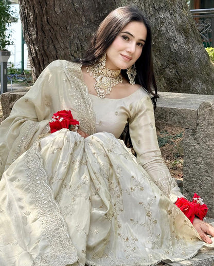 Delightful White Color Georgette Embroidery Work Sharara Suit