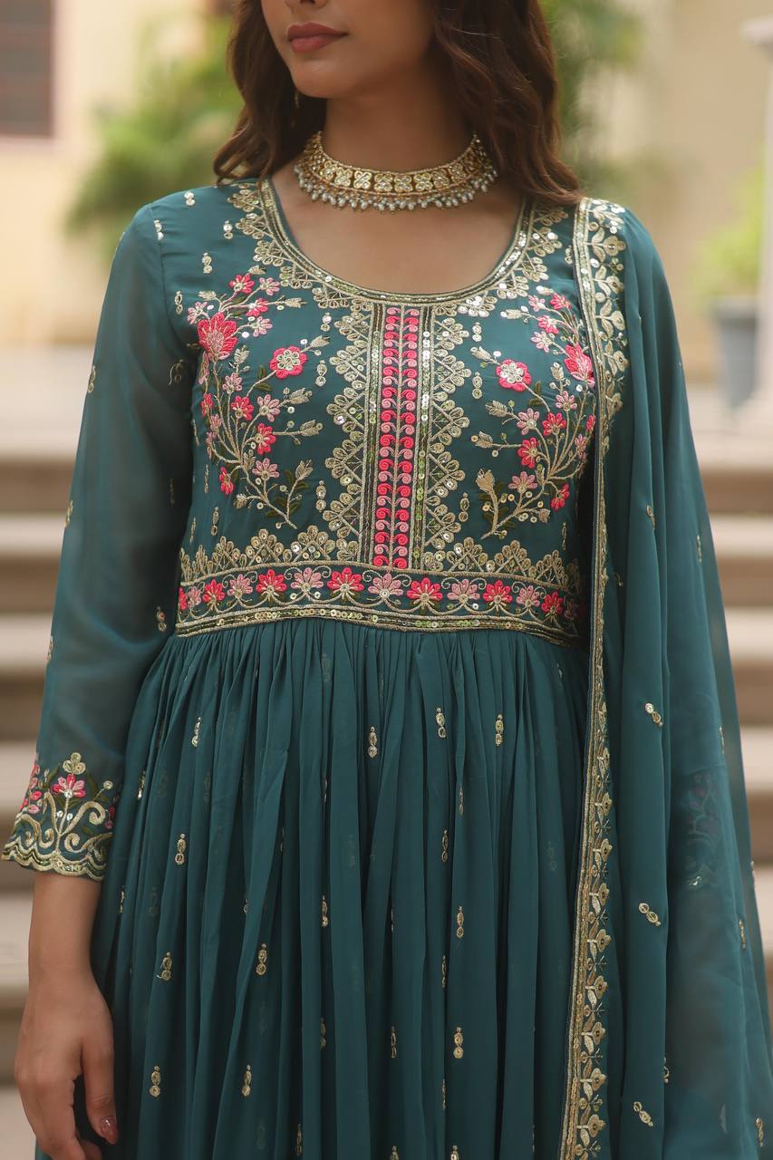 Designer Rama Color Three Piece Long Kurta With Palazzo Suit Set