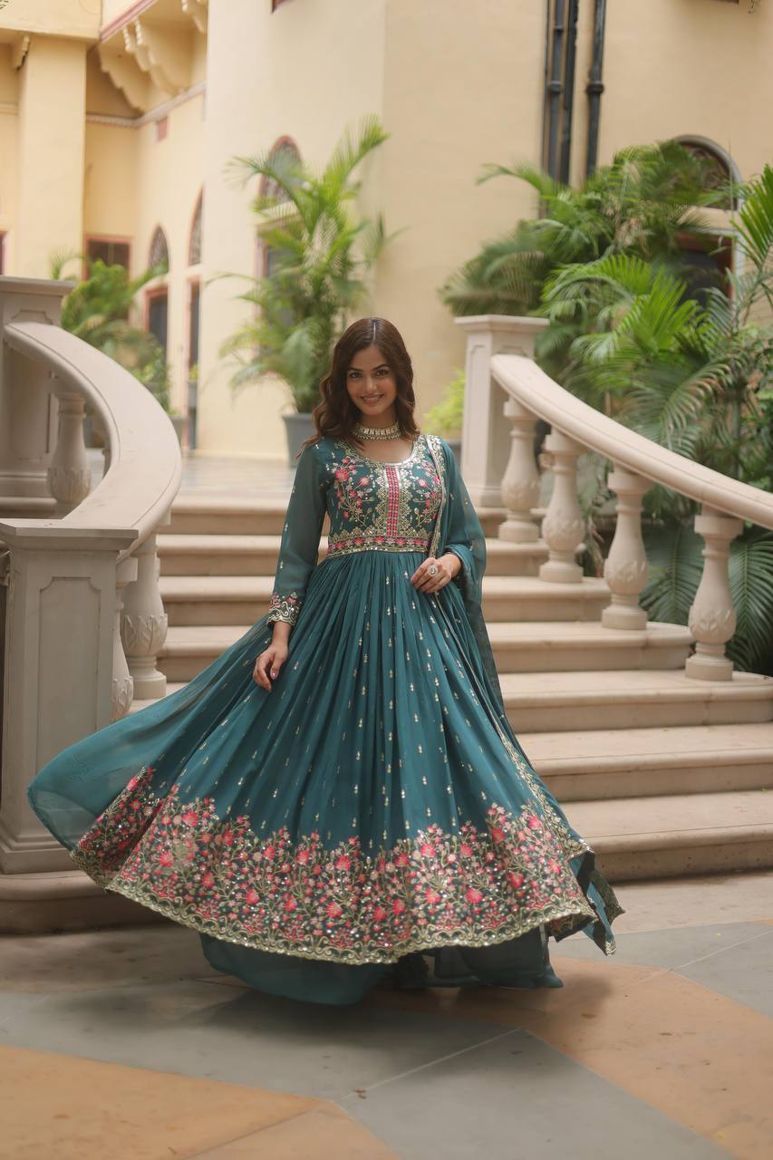 Designer Rama Color Three Piece Long Kurta With Palazzo Suit Set
