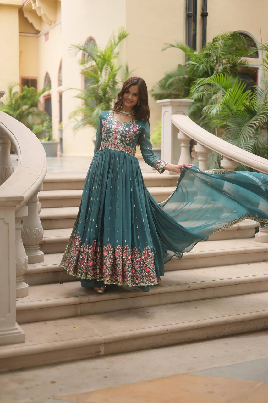 Designer Rama Color Three Piece Long Kurta With Palazzo Suit Set