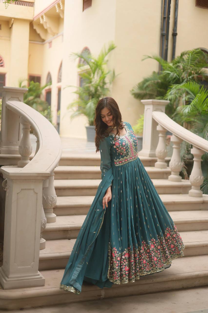 Designer Rama Color Three Piece Long Kurta With Palazzo Suit Set
