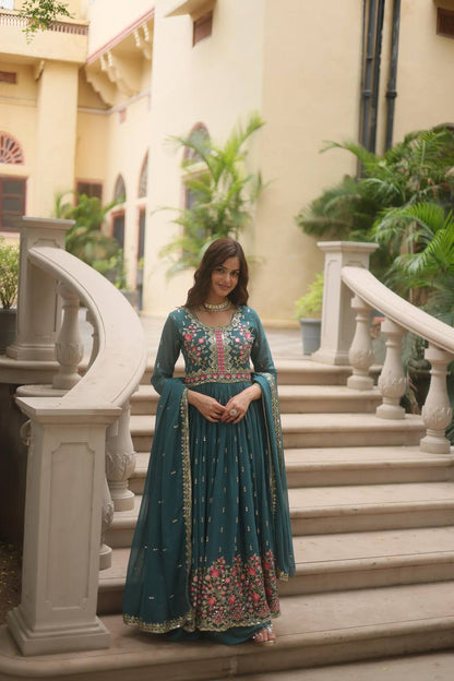 Designer Rama Color Three Piece Long Kurta With Palazzo Suit Set