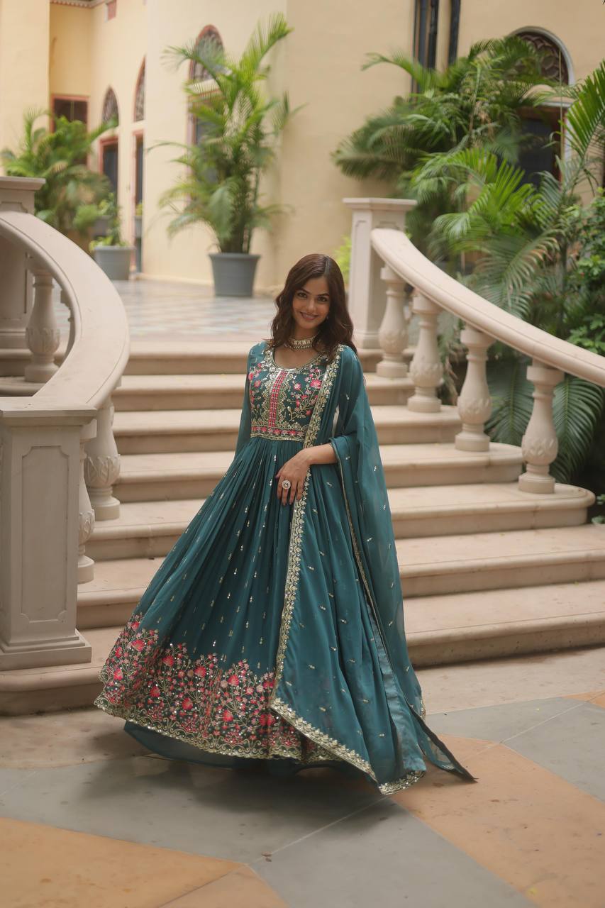 Designer Rama Color Three Piece Long Kurta With Palazzo Suit Set