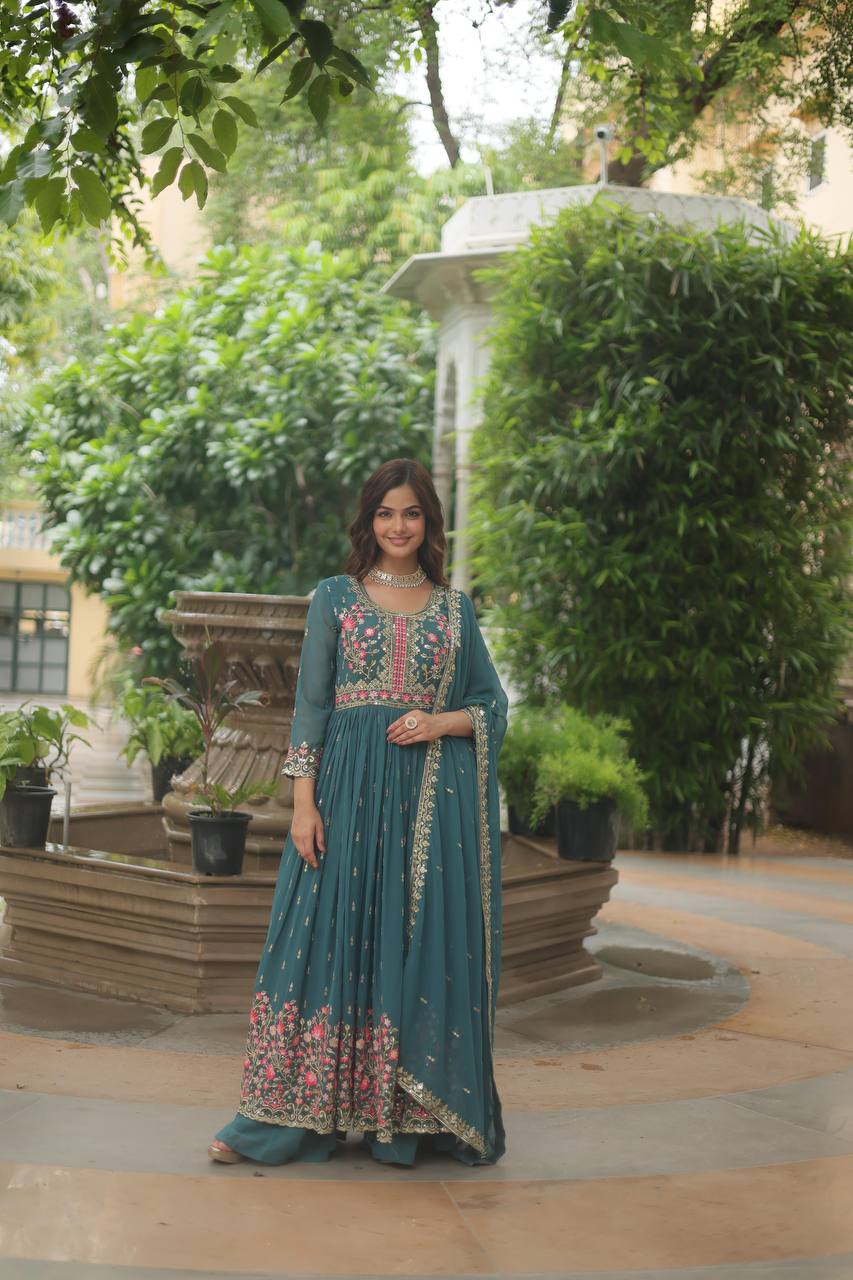 Designer Rama Color Three Piece Long Kurta With Palazzo Suit Set