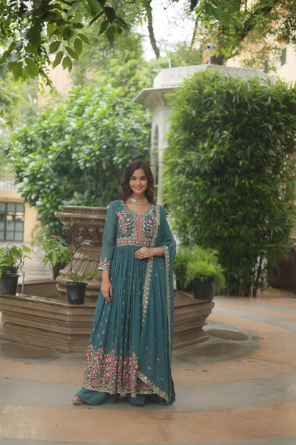 Designer Rama Color Three Piece Long Kurta With Palazzo Suit Set