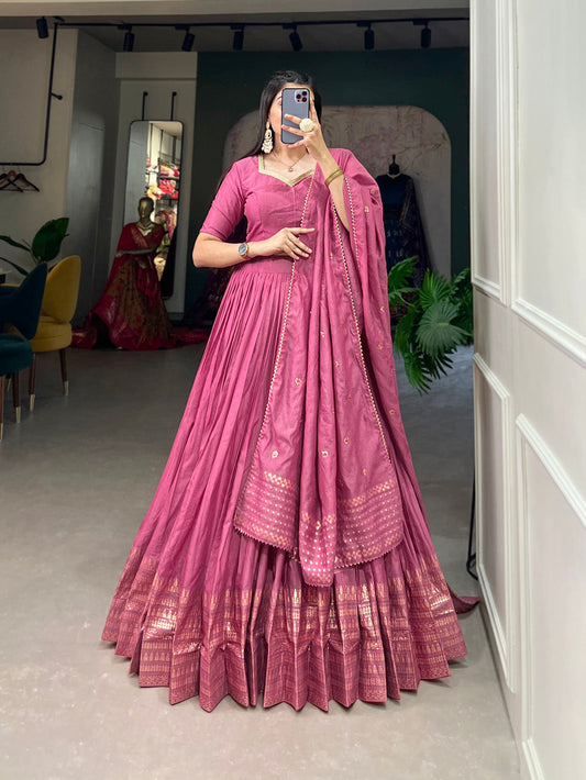 Pink Color Plain With Zari Weaving Work Border Chanderi Lehenga Choli