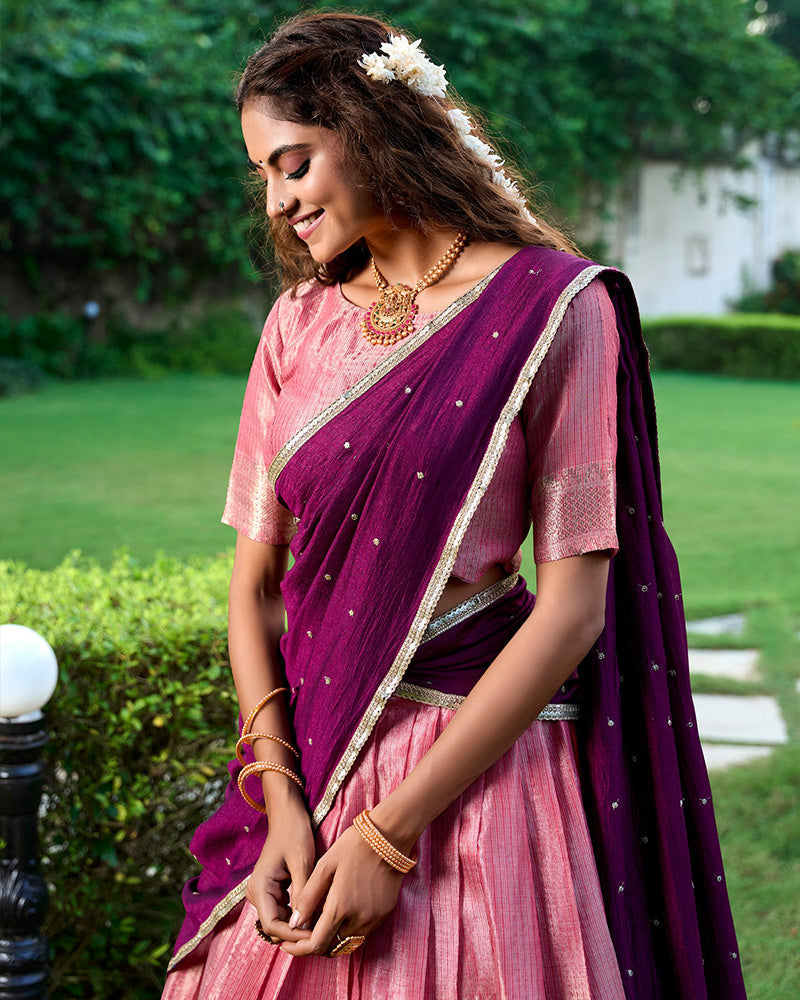 Pink Color Kanchipuram Designer Fancy Half Saree Lahenga