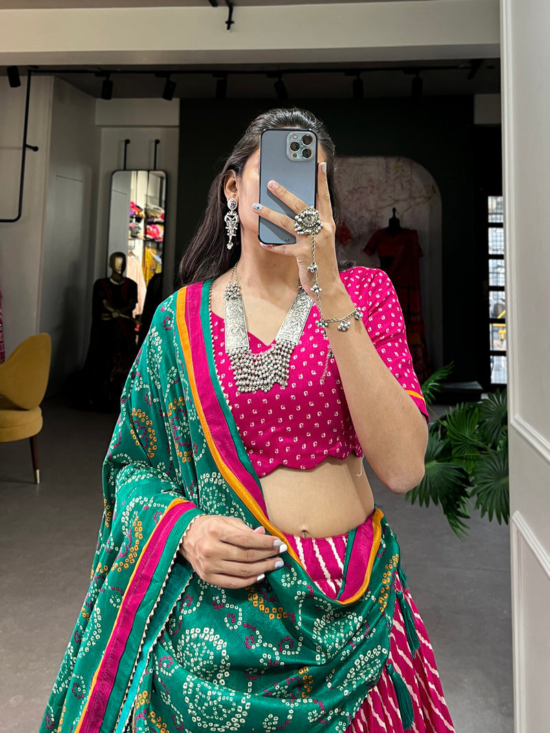 Pink Color Leheriya With Patola Print Tussar Silk Lehenga Choli