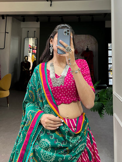 Pink Color Leheriya With Patola Print Tussar Silk Lehenga Choli