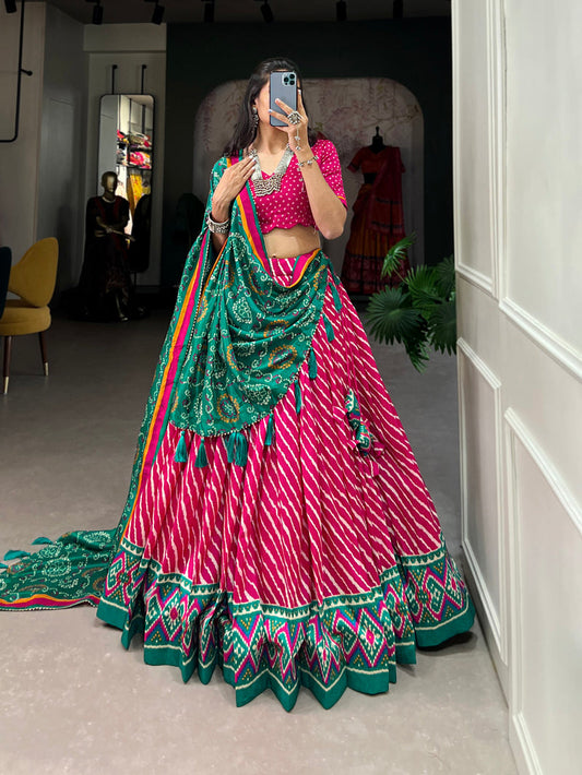 Pink Color Leheriya With Patola Print Tussar Silk Lehenga Choli