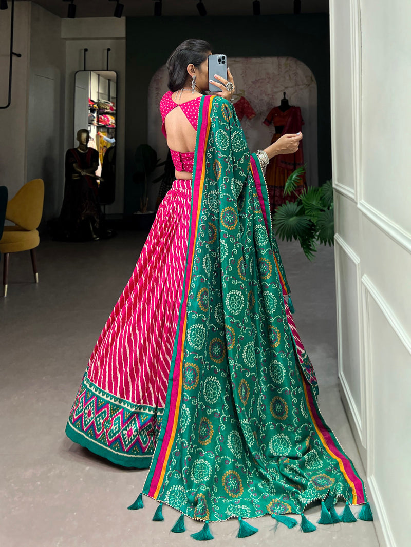 Pink Color Leheriya With Patola Print Tussar Silk Lehenga Choli