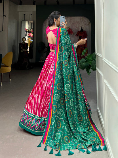 Pink Color Leheriya With Patola Print Tussar Silk Lehenga Choli