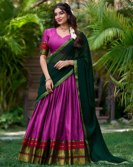 Pink Color Poly Cotton South Indian Half Saree  Lehenga Choli