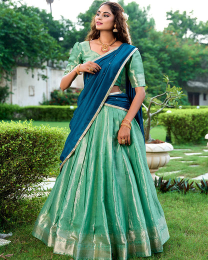 Pista Color Kanchipuram Designer Half Saree Lehenga Choli