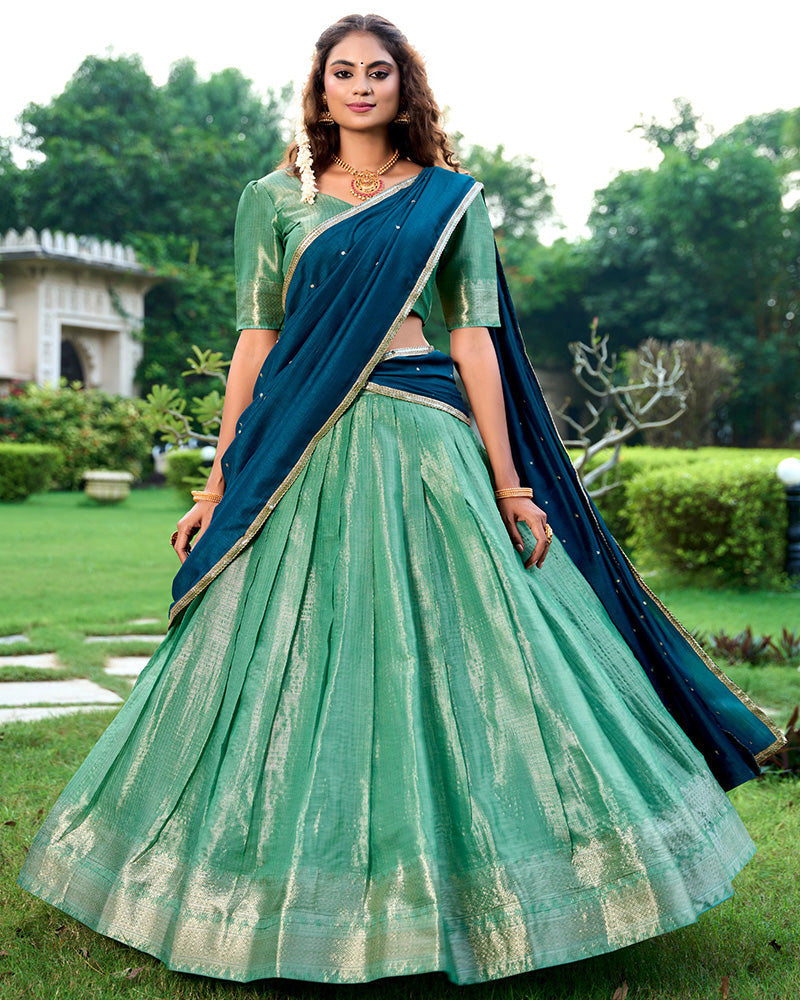Pista Color Kanchipuram Designer Half Saree Lehenga Choli