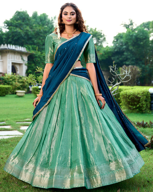 Pista Color Kanchipuram Designer Half Saree Lehenga Choli
