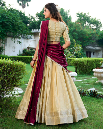 Cream Color Kanchipuram Designer Half Saree Lehenga
