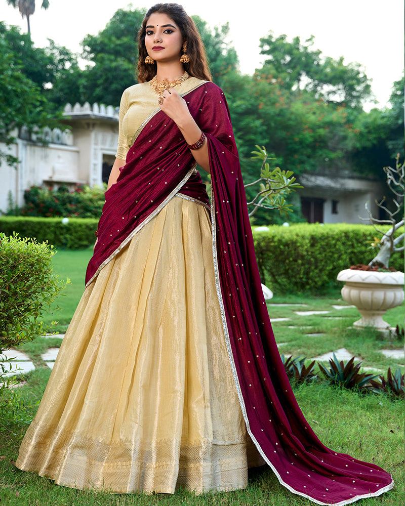 Cream Color Kanchipuram Designer Half Saree Lehenga