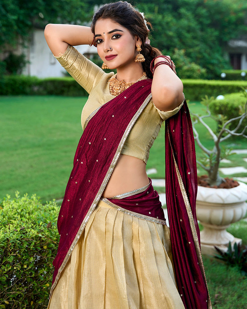 Cream Color Kanchipuram Designer Half Saree Lehenga