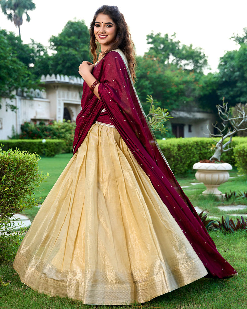 Cream Color Kanchipuram Designer Half Saree Lehenga