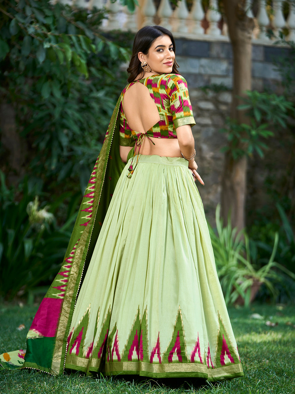 Pista Color Print With Foil Work Tussar Silk Lehenga Choli