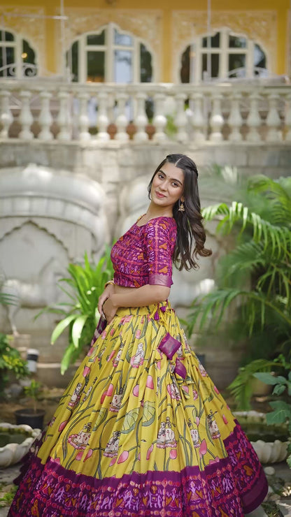 Yellow Color Tussar Silk Patola Printed Lehenga Choli