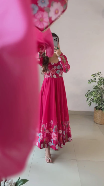 Rani Pink Color Floral Print Organza Three Piece Anarkali Suit