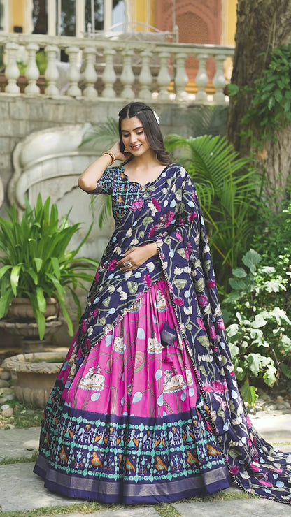 Pink Color Tussar Silk Patola Printed Lehenga Choli