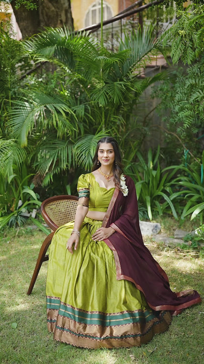 Olive Green Color Poly Cotton Party Wear Lehenga Half Saree