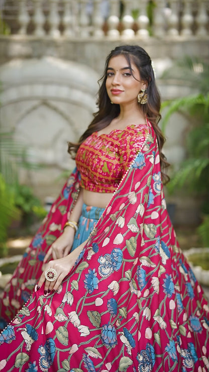 Firozi Color Tussar Silk Patola Printed Lehenga Choli