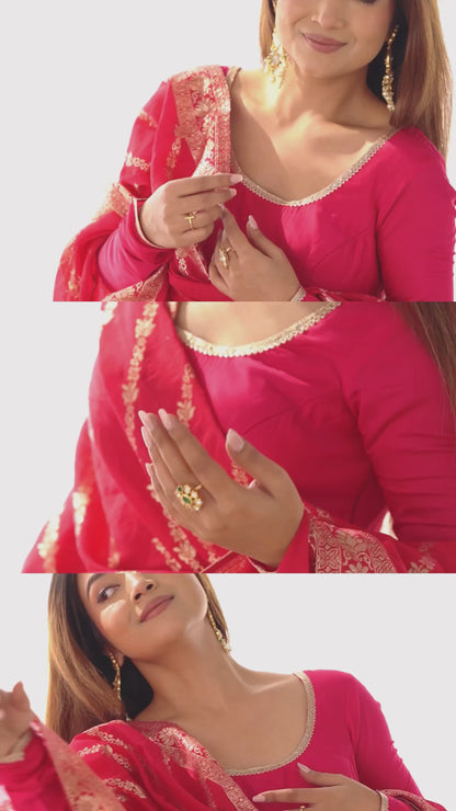 Rani Pink Color Pure Roman Silk Ruffle Style Anarkali Gown