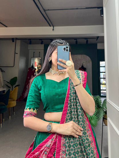 Green Color Print With Foil Work Tussar Silk Gujrati Lehenga Choli