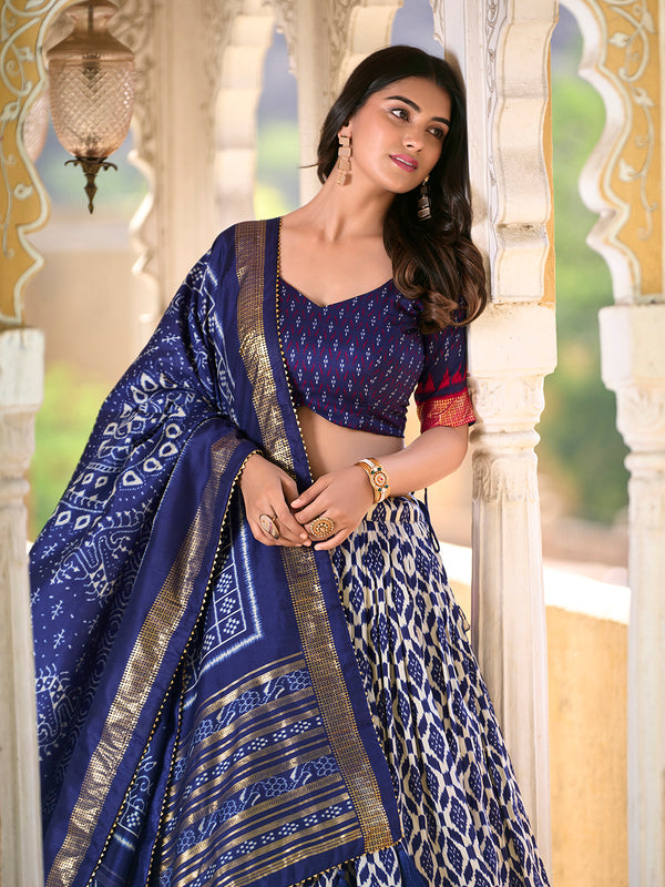 Navy Blue Color Ikkat Print With Foil Work Tussar Silk Lehenga Choli