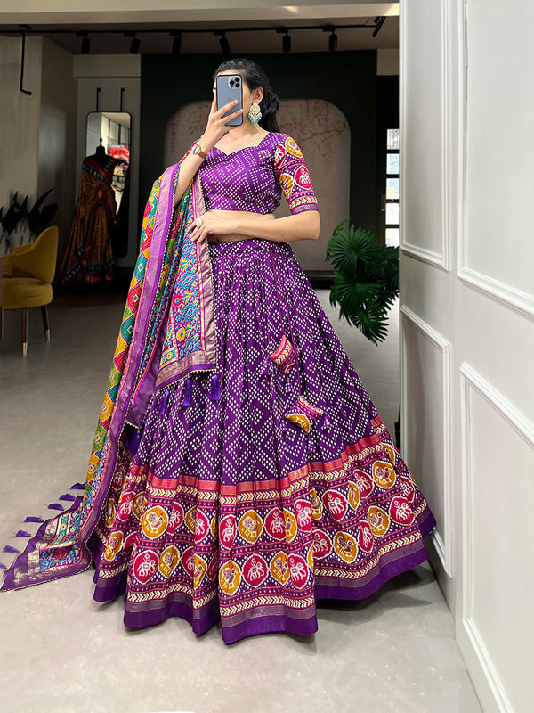 Purple Color Bandhej And Patola Print With Foil Work Tussar Silk Lehnga Choli
