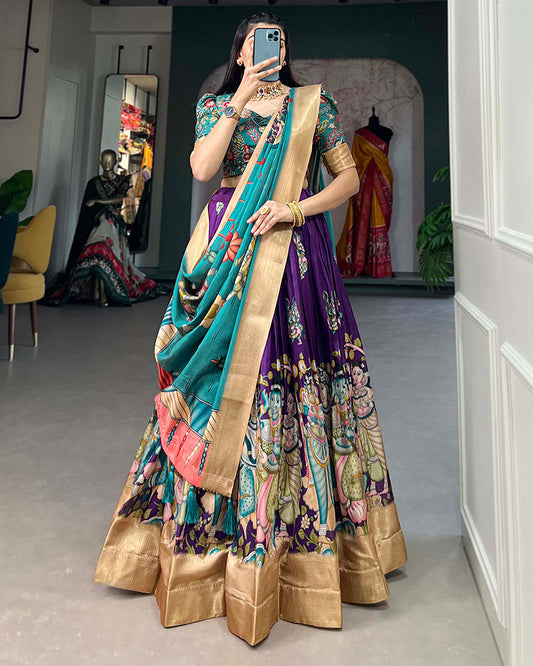 Purple Color Dola Silk Designer Kalamkari Print Lehenga Choli