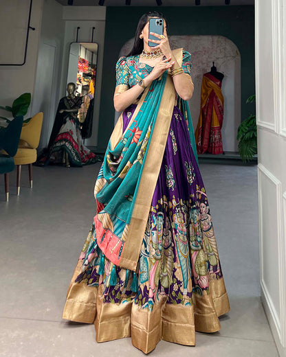 Purple Color Dola Silk Designer Kalamkari Print Lehenga Choli