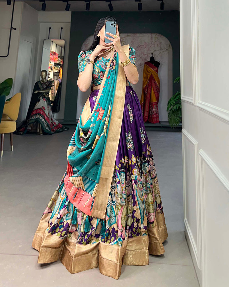 Purple Color Dola Silk Designer Kalamkari Print Lehenga Choli